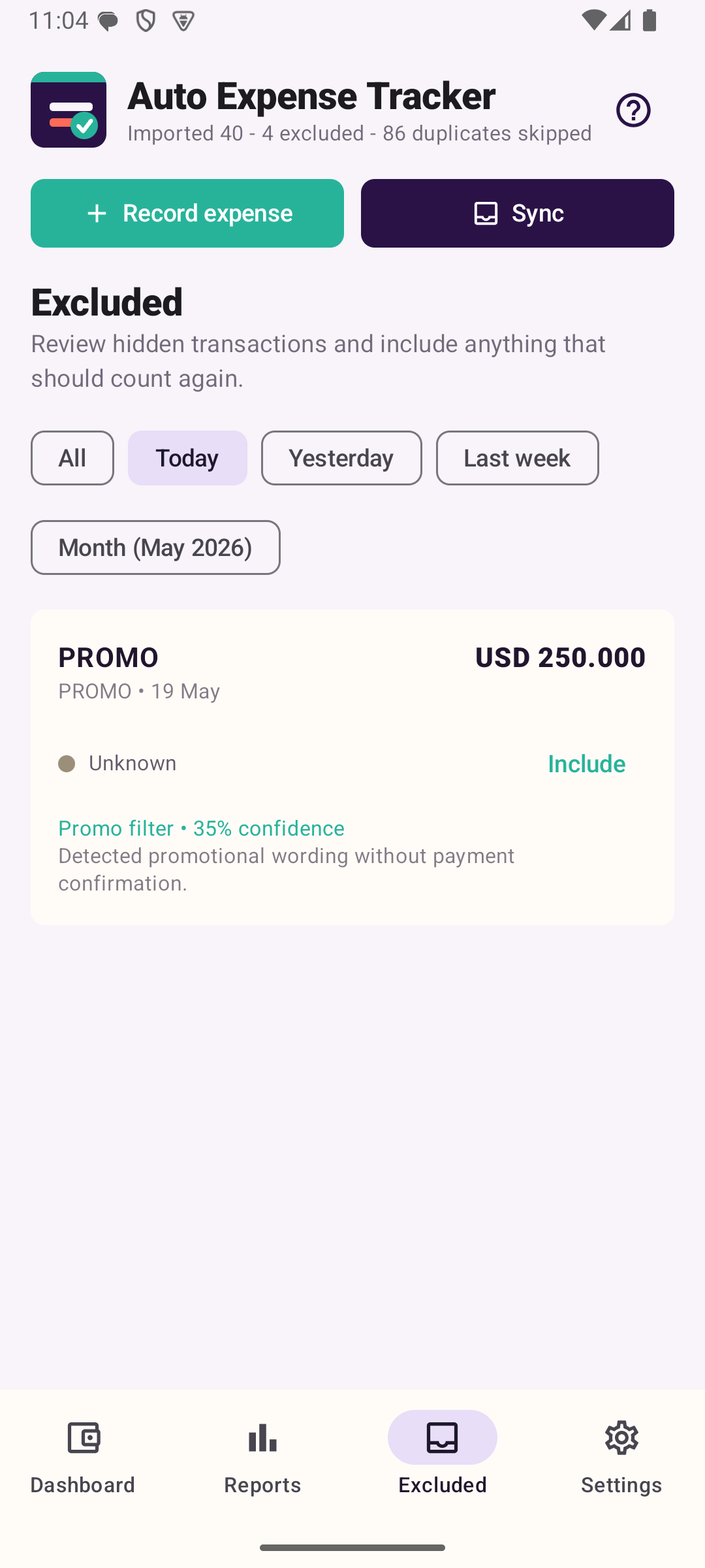Excluded transactions screenshot